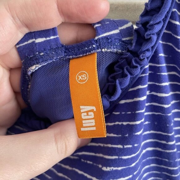 Lucy Women XS Blue White Striped Criss Cross Back Shelf Bra Athletic Tank Top - Picture 5 of 11